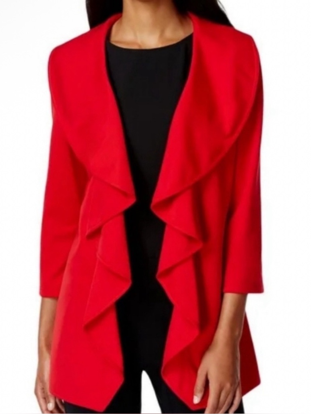 Calvin Klein Ruffle Open Front Blazer Jacket Red Ponte Knit Size 16